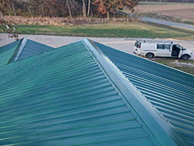 Green metal roof above